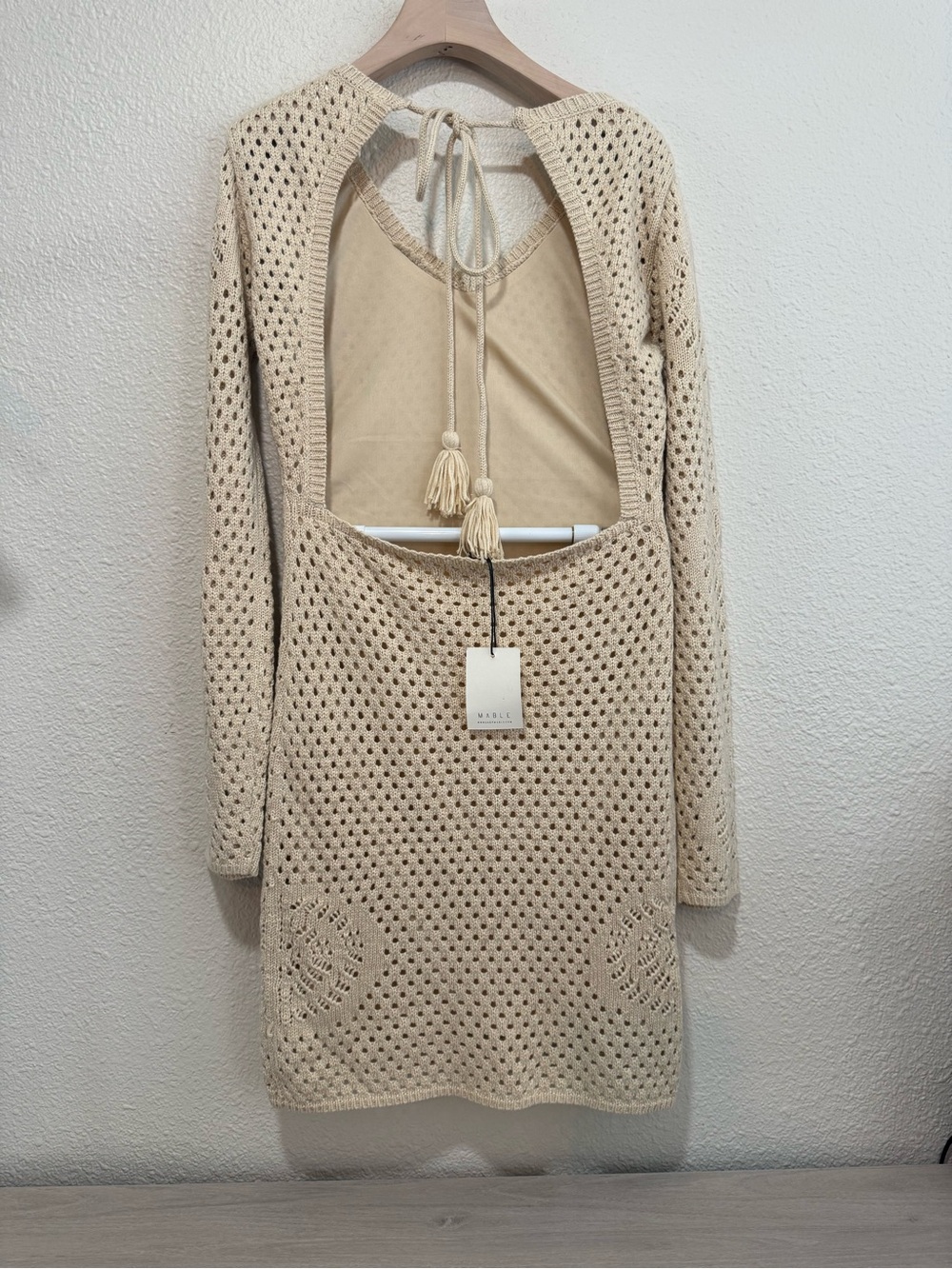Crochet V-Neck Long Sleeve Dress in Cream - Picture 4 of 7